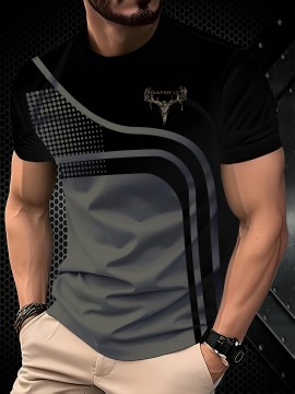 Men'S Casual Summer T-Shirt with 3D Deer Head Print - Black, Short Sleeve, Round Neck, Lightweight Fabric, All-Season Wear, Casual Attire | Graphic Tee | Comfortable Fit