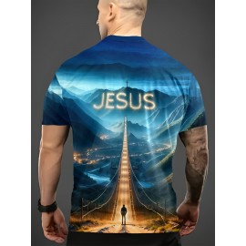 Men'S 3D Jesus Print T-Shirt - Casual Crew Neck, Short Sleeve, Stretch Fabric, Vibrant Mountain Landscape Design with Illuminated Pathway, Perfect for Spring & Summer