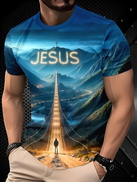 Men'S 3D Jesus Print T-Shirt - Casual Crew Neck, Short Sleeve, Stretch Fabric, Vibrant Mountain Landscape Design with Illuminated Pathway, Perfect for Spring & Summer