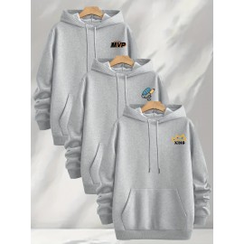 [Three-Piece Hoodie Set] Three-Piece Set Of Fashionable Element Print Hoodies, Men's Casual Pullover Sweatshirt With Long Sleeves, Slightly Stretchy Knit Polyester Fabric, Regular Fit Men's Hoodie