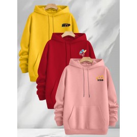 [Three-Piece Hoodie Set] Three-Piece Set Of Fashionable Element Print Hoodies, Men's Casual Pullover Sweatshirt With Long Sleeves, Slightly Stretchy Knit Polyester Fabric, Regular Fit Men's Hoodie