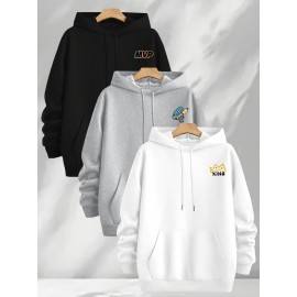 [Three-Piece Hoodie Set] Three-Piece Set Of Fashionable Element Print Hoodies, Men's Casual Pullover Sweatshirt With Long Sleeves, Slightly Stretchy Knit Polyester Fabric, Regular Fit Men's Hoodie