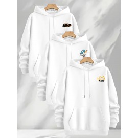 [Three-Piece Hoodie Set] Three-Piece Set Of Fashionable Element Print Hoodies, Men's Casual Pullover Sweatshirt With Long Sleeves, Slightly Stretchy Knit Polyester Fabric, Regular Fit Men's Hoodie