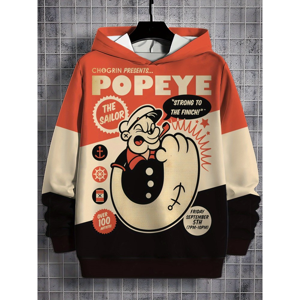 Men'S Popeye The Sailor Fresh Power 3D Print Hoodie - Casual Long Sleeve, Vibrant Orange & Black Graphic Pullover with 
