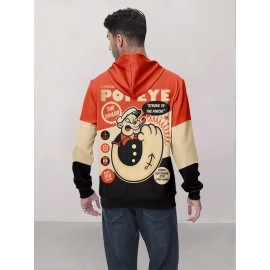 Men'S Popeye The Sailor Fresh Power 3D Print Hoodie - Casual Long Sleeve, Vibrant Orange & Black Graphic Pullover with 