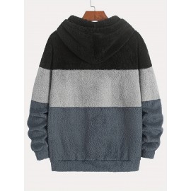 Men's Heavyweight Plush Hoodie - Winter Thermal Pullover Sweatshirt with Kangaroo Pocket, Dark Grey/Black Color Block Hooded Sweater for Cold Weather, Machine Washable Loose Fit Casual Outerwear, Ribbed Cuffs And Hem