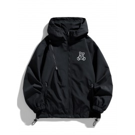 [Trendy Hooded Jacket] Trendy Black Men's Casual Hooded Jacket | Long Sleeves, Drawstrings, Functional Zippers, Teddy Bear Logo, Spring/Fall Windbreaker