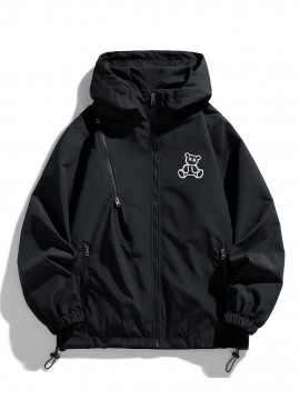[Trendy Hooded Jacket] Trendy Black Men's Casual Hooded Jacket | Long Sleeves, Drawstrings, Functional Zippers, Teddy Bear Logo, Spring/Fall Windbreaker