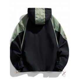 Men's Windproof Hooded Jacket for Spring & Autumn - Lightweight Work Jacket with Zipper Closure, Contrast Color Block Design, Polyester Lining & Pockets - Outdoor Sports, Hiking, Casual Wear