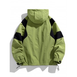 Men's Heavy-Duty Jacket - Full-Zip Windbreaker Coat with Hood, Black/White colorblock, Loose Fit Workwear Jacket for Outdoor, Casual, Everyday Use - Size XL (Machine Washable)