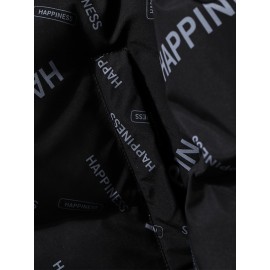 [Windproof Jacket] Warm & Stylish Men's Thick Windproof Hooded Jacket | Large Pockets & Drawstring, Black Polyester, Casual Letter Print Versatile Outerwear, Durable Outerwear