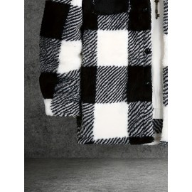 Men'S Cozy Plaid Fleece Jacket - Black & White Checkered Pattern, Loose Fit Winter Coat with Button Front, Long Sleeves, and Fluffy Lining for Fall/Winter, Winter Coat