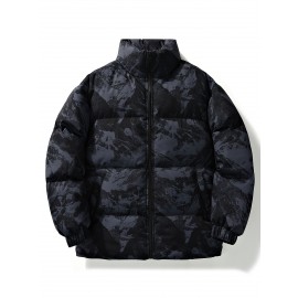 Men'S Retro Vintage Money Print Jacket - Stylish Black & White Patterned Coat with Stand Collar, Zipper Closure, and Pockets for Casual or Daily Wear, Casual Outerwear | Vintage Style Coat | Polyester Fiber Jacket