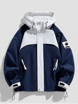 Men'S Hooded Windbreaker Jacket - Navy & White Color Block, Loose Fit with Zipper Pockets, Casual Outdoor Spring/Fall Coat for Casual Attire, Windbreaker Jacket, Spring Outerwear, Contrast Color Design, Durable Fabric