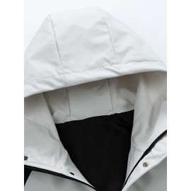 Men'S Hooded Windbreaker Jacket - Navy & White Color Block, Loose Fit with Zipper Pockets, Casual Outdoor Spring/Fall Coat for Casual Attire, Windbreaker Jacket, Spring Outerwear, Contrast Color Design, Durable Fabric