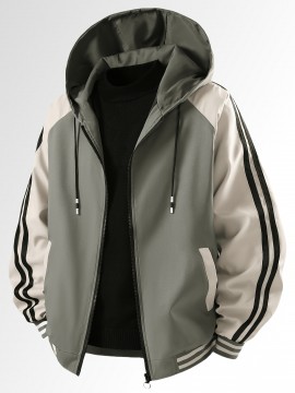 [Trendy Polyester Hooded Jacket] Trendy Lightweight Polyester Men's Casual Zip-Up Hooded Jacket - Color Block Design with Striped Accents, Perfect for Spring & Autumn