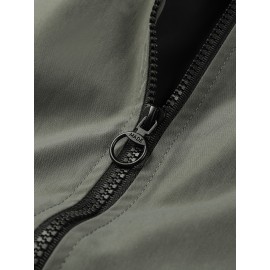 [Trendy Polyester Hooded Jacket] Trendy Lightweight Polyester Men's Casual Zip-Up Hooded Jacket - Color Block Design with Striped Accents, Perfect for Spring & Autumn