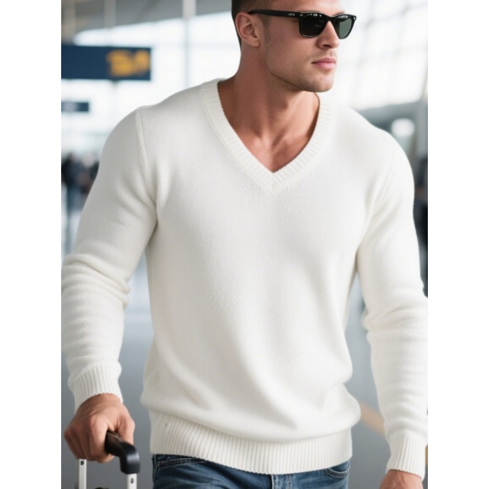 Men'S Casual V-Neck Sweater - Soft Knit, Long Sleeve, Solid White, Perfect for Fall & Winter, Versatile for Outdoor & Indoor Wear, Winter Clothing | Vneck Sweater | Knit Construction