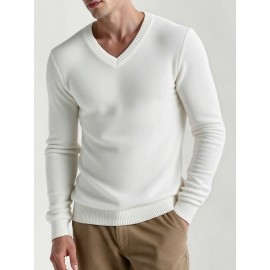 Men'S Casual V-Neck Sweater - Soft Knit, Long Sleeve, Solid White, Perfect for Fall & Winter, Versatile for Outdoor & Indoor Wear, Winter Clothing | Vneck Sweater | Knit Construction