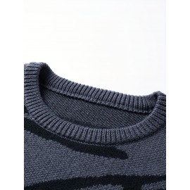 [Men's Geometric Sweater] Xingfan Men's Geometric Print Pullover Sweater | Drop Shoulder Casual Long Sleeve Round Neck Knit Top with Ribbed Detailing, Autumn Winter Warmth, Regular Fit for Casual Attire