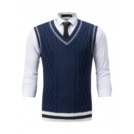 Men'S Vintage Twist Rope Pattern V-Neck Knit Vest - Cozy Acrylic Sweater Vest with Ribbed Hem, Loose Fit for Fall/Winter Casual Wear, Winter Vest | Twist Rope Design | Acrylic Knitwear