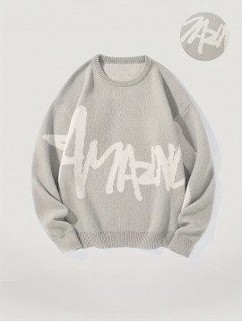 [Winter Streetwear Sweater] Autumn/Winter JNBLDA Men's Streetwear Casual Loose Fit Knit Sweater | Round Neck Long Sleeve Pullover with 'amani' Letter Print, Ribbed Cuffs & Hem