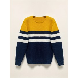 Men'S Casual Striped Sweater - Cozy Knit Pullover with Yellow, White & Navy Blue Horizontal Stripes, Long Sleeve Crew Neck for Fall/Winter, Sweater Vest