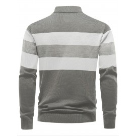 Men's Slim-Fit Casual Soft Commuter Knit Sweater - High Neck Long Sleeve with 1/4 Zipper, Navy & Light Grey Color Block Design for Autumn/Winter, Office & Casual Wear, Knitted Sweater, Comfortable Winter Wear