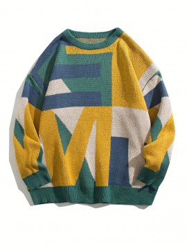 [Winter Sweater] Autumn/Winter Men's Geometric Color Block Sweater | Relaxed Drop Shoulder Fit, Mid-Stretch Fabric, Round Neck & Sleeves, Winter Comfort Clothing, Medium Elasticity Fabric