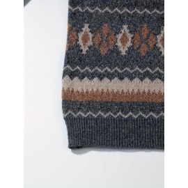 Men's Casual Color-Block Geometric Knit Sweater - Loose Fit Ribbed Detail Pullover, Machine Washable Autumn Winter Warm Crewneck Sweater for Casual Attire, Knitted Sweater, Durable Winter Wear