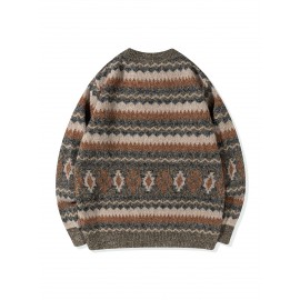 Men's Casual Color-Block Geometric Knit Sweater - Loose Fit Ribbed Detail Pullover, Machine Washable Autumn Winter Warm Crewneck Sweater for Casual Attire, Knitted Sweater, Durable Winter Wear