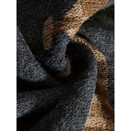 Preppy Geometric-Pattern Knit Cardigan, 80% Acrylic 20% Nylon, V-Neck Long Sleeve Loose-Fit, Slight Stretch, Spring/Fall Season Outerwear