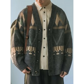 Preppy Geometric-Pattern Knit Cardigan, 80% Acrylic 20% Nylon, V-Neck Long Sleeve Loose-Fit, Slight Stretch, Spring/Fall Season Outerwear