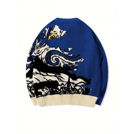 Men'S & Women'S Stylish Van Gogh Starry Night Print Pullover Sweater - Loose Fit, Long Sleeve, Round Neck, Knit Fabric, Casual & Versatile Fall/Winter Top, Fall Winter Top | Starry Night Design | Ribbed Knit Cuffs, Van Gogh Sweater