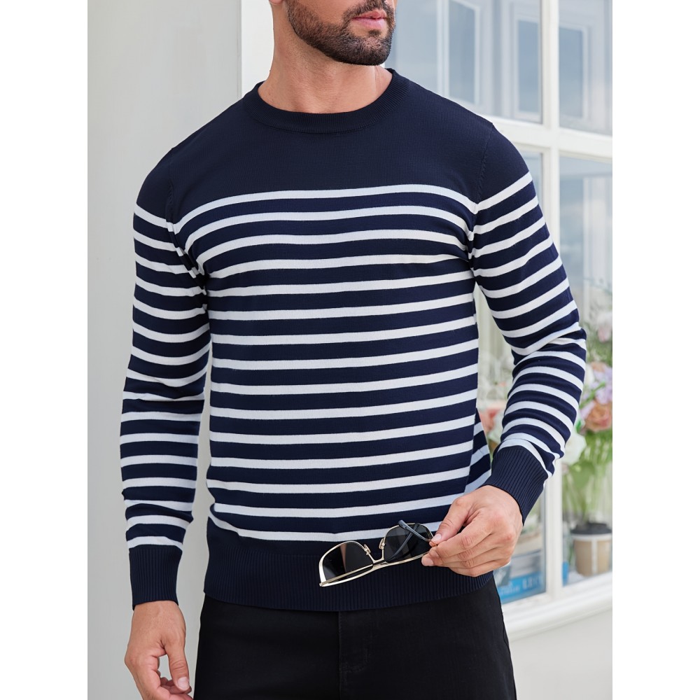 Men'S Casual Striped Knit Sweater - Navy & Vertical Stripes, Long Sleeve Crew Neck, Medium Stretch, Regular Fit for Spring/Fall, Versatile Layering Piece, Spring Fall Apparel | Classic Striped Design | Medium Stretch Fabric