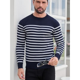 Men'S Casual Striped Knit Sweater - Navy & Vertical Stripes, Long Sleeve Crew Neck, Medium Stretch, Regular Fit for Spring/Fall, Versatile Layering Piece, Spring Fall Apparel | Classic Striped Design | Medium Stretch Fabric