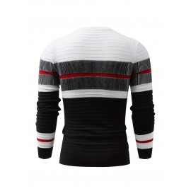 Men'S Fashionable Striped Knit Pullover Sweater - Stretchy Blend, Long Sleeve, Round Neck, Black/White/Red Vertical Stripes, Casual Style for Fall/Winte