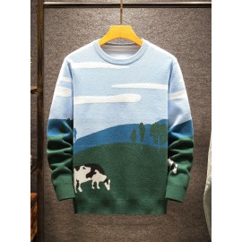Cozy Fall | Cozy Fall Cow Print Sweater for Men - Casual Long Sleeve, Thick Knit, Acrylic, Crew Neck, Green & Blue Design with Black and White Cow, Perfect for Fall/Winter, Fall Winter Apparel | Playful Design | Acrylic Knitwear