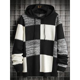 Men's Casual Hooded Color-Block Sweater - Black & Plaid Pattern, Sleeve Pullover with Ribbed Cuffs & Adjustable Drawstring Hood for Spring/Fall Daily Commute & Casual Outings, Sweater Hoodie, Durable Knitwear, Comfortable Fit