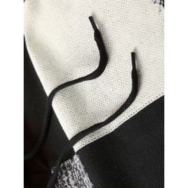 Men's Casual Hooded Color-Block Sweater - Black & Plaid Pattern, Sleeve Pullover with Ribbed Cuffs & Adjustable Drawstring Hood for Spring/Fall Daily Commute & Casual Outings, Sweater Hoodie, Durable Knitwear, Comfortable Fit