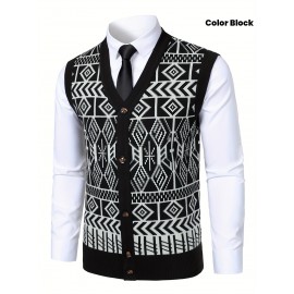 [Casual Cardigan Vest] Casual Color Block Men's Plaid Knit Cardigan Vest | Sleeveless, Regular Fit, V-Neck with Buttons - for Spring/Fall