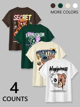 [Summer Tees] 4-Pack Men's Casual Crew Neck T-Shirt | Soft Stretch Fabric, Summer Tee Collection, Playful Bear Illustrations - 