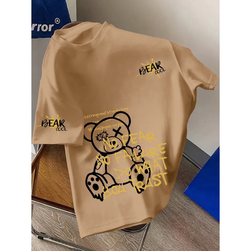 Men's Graphic T-Shirt - Relaxed Fit Streetwear Tee with Fearless Bear Design, White Crew Neck Shirt for Casual Summer Outfits & Edgy Fashion Statements, Machine Washable Top, Distressed Lettering, Durable Print