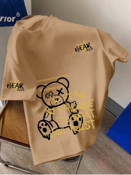 Men's Graphic T-Shirt - Relaxed Fit Streetwear Tee with Fearless Bear Design, White Crew Neck Shirt for Casual Summer Outfits & Edgy Fashion Statements, Machine Washable Top, Distressed Lettering, Durable Print