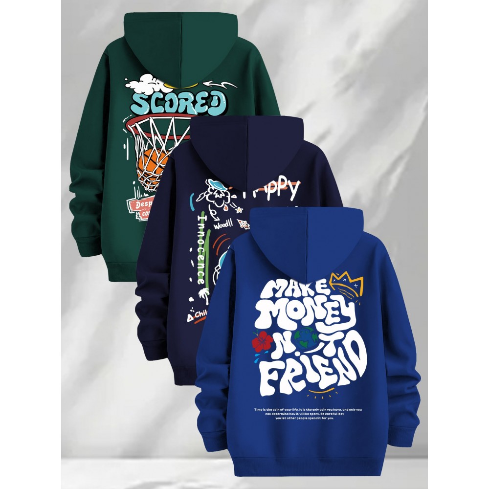 [Three-Piece Hoodie Set] Three-Piece Set Of Fashionable Element Print Hoodies, Men's Casual Pullover Sweatshirt With Long Sleeves, Slightly Stretchy Knit Polyester Fabric, Regular Fit Men's Hoodie