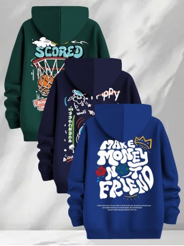 [Three-Piece Hoodie Set] Three-Piece Set Of Fashionable Element Print Hoodies, Men's Casual Pullover Sweatshirt With Long Sleeves, Slightly Stretchy Knit Polyester Fabric, Regular Fit Men's Hoodie