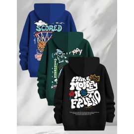 [Three-Piece Hoodie Set] Three-Piece Set Of Fashionable Element Print Hoodies, Men's Casual Pullover Sweatshirt With Long Sleeves, Slightly Stretchy Knit Polyester Fabric, Regular Fit Men's Hoodie