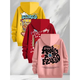 [Three-Piece Hoodie Set] Three-Piece Set Of Fashionable Element Print Hoodies, Men's Casual Pullover Sweatshirt With Long Sleeves, Slightly Stretchy Knit Polyester Fabric, Regular Fit Men's Hoodie