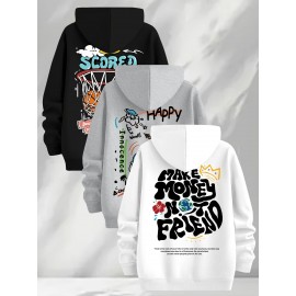 [Three-Piece Hoodie Set] Three-Piece Set Of Fashionable Element Print Hoodies, Men's Casual Pullover Sweatshirt With Long Sleeves, Slightly Stretchy Knit Polyester Fabric, Regular Fit Men's Hoodie
