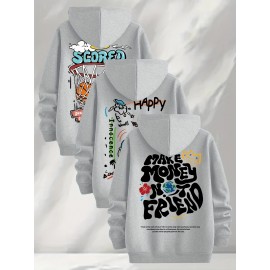 [Three-Piece Hoodie Set] Three-Piece Set Of Fashionable Element Print Hoodies, Men's Casual Pullover Sweatshirt With Long Sleeves, Slightly Stretchy Knit Polyester Fabric, Regular Fit Men's Hoodie